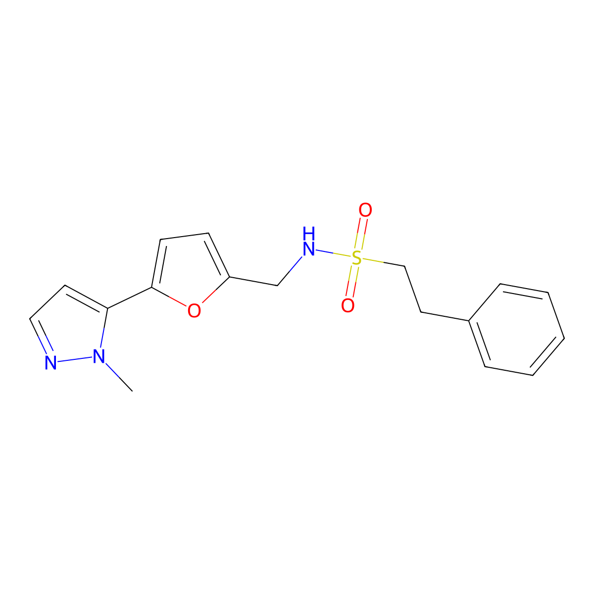 N-{[5-(1-methyl-1H-pyrazol-5-yl)furan-2-yl]methyl}-2-phenylethane-1-sulfonamide molecular structure, CAS 2415517-11-0