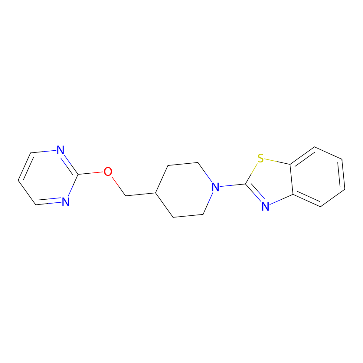 2-{4-[(Pyrimidin-2-yloxy)methyl]piperidin-1-yl}-1,3-benzothiazole molecular structure, CAS 2415517-16-5