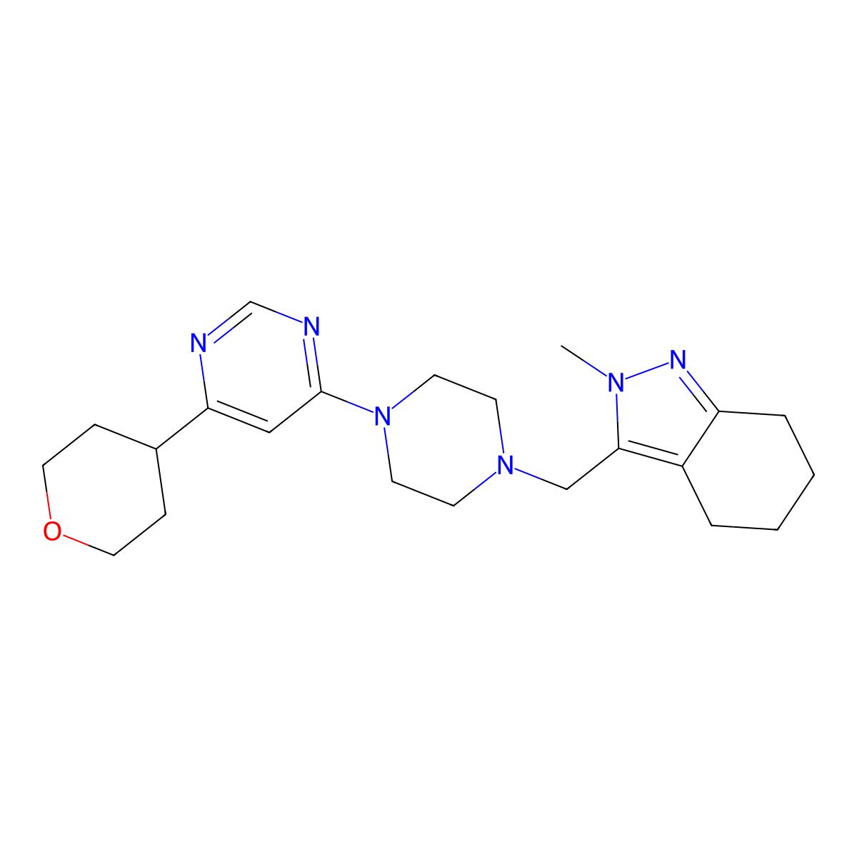 2-methyl-3-({4-[6-(oxan-4-yl)pyrimidin-4-yl]piperazin-1-yl}methyl)-4,5,6,7-tetrahydro-2H-indazole molecular structure, CAS 2415517-33-6