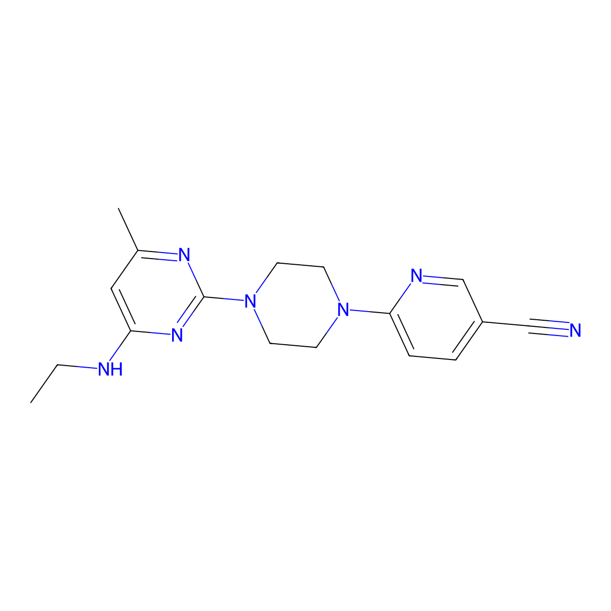 6-{4-[4-(Ethylamino)-6-methylpyrimidin-2-yl]piperazin-1-yl}pyridine-3-carbonitrile molecular structure, CAS 2415517-44-9