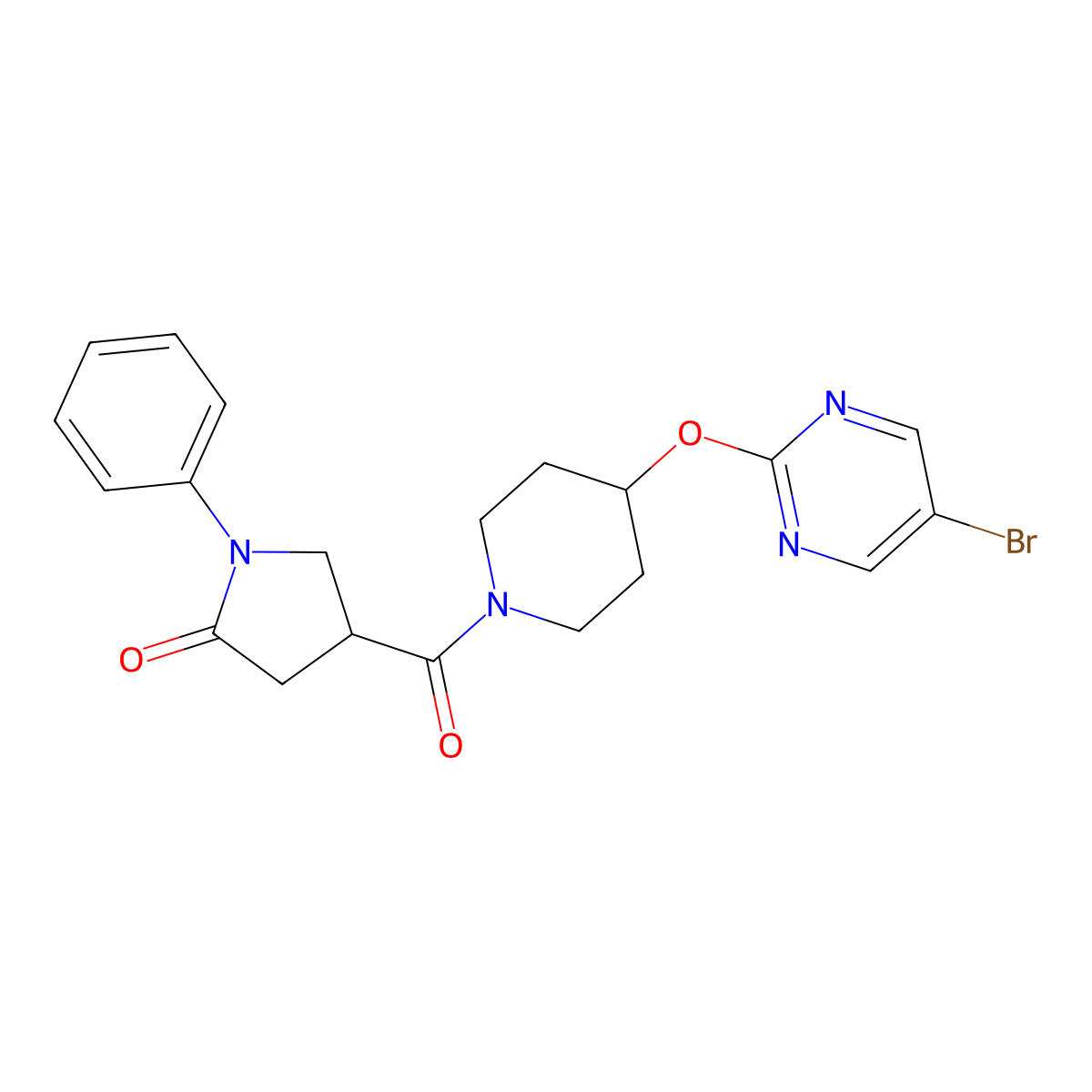 4-{4-[(5-Bromopyrimidin-2-yl)oxy]piperidine-1-carbonyl}-1-phenylpyrrolidin-2-one molecular structure, CAS 2415517-46-1