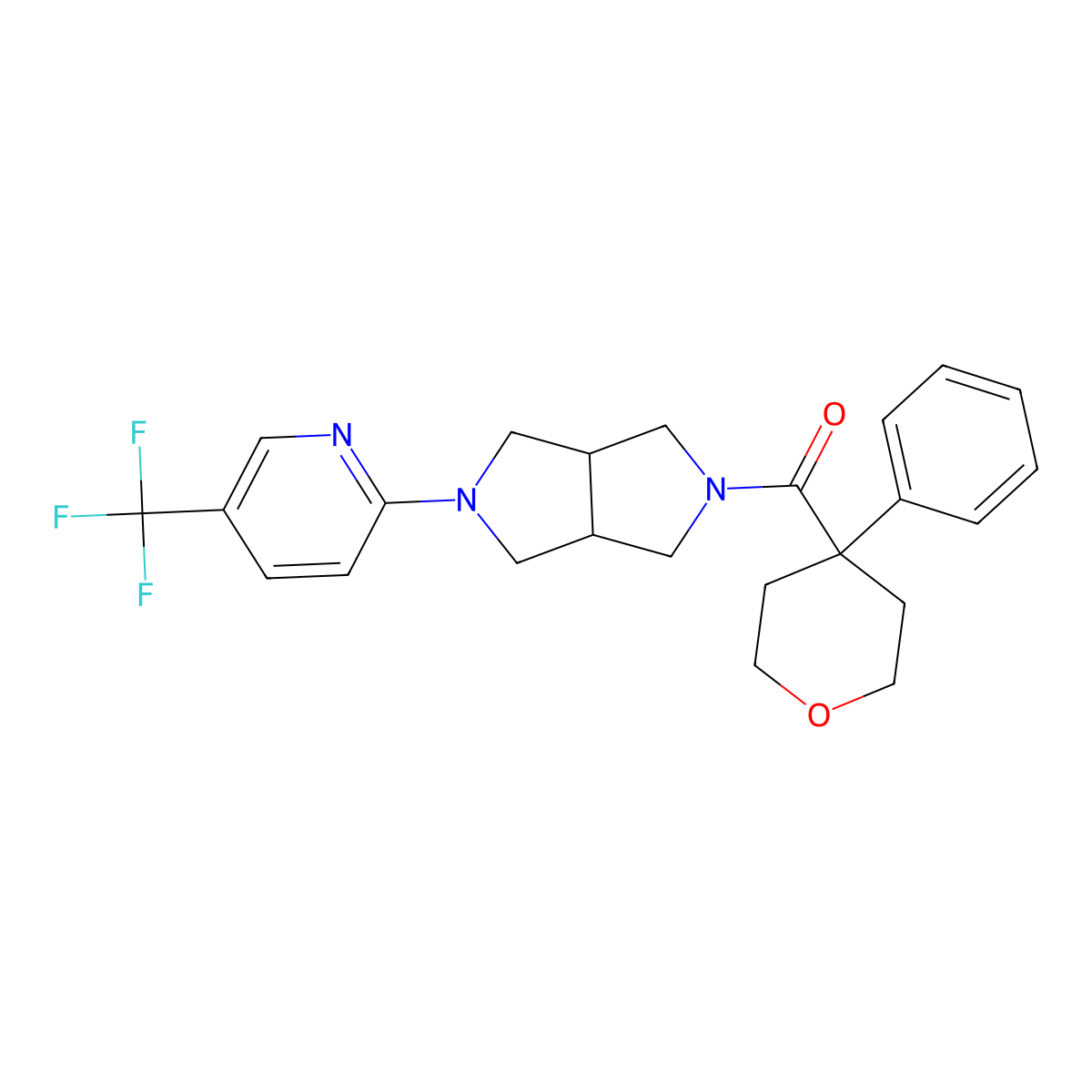 2-[5-(4-Phenyloxane-4-carbonyl)-octahydropyrrolo[3,4-c]pyrrol-2-yl]-5-(trifluoromethyl)pyridine molecular structure, CAS 2415517-51-8