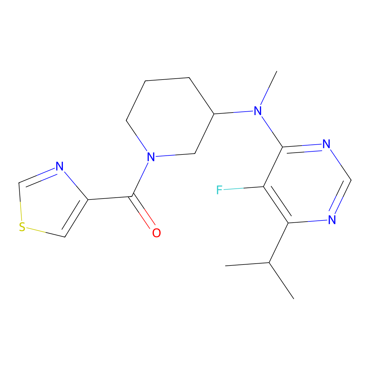 5-fluoro-N-methyl-6-(propan-2-yl)-N-[1-(1,3-thiazole-4-carbonyl)piperidin-3-yl]pyrimidin-4-amine molecular structure, CAS 2415517-56-3