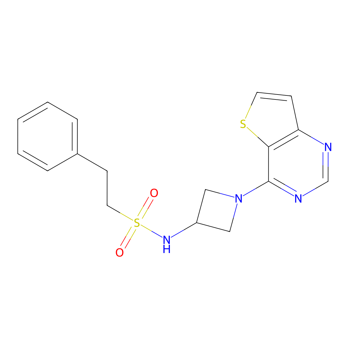 2-phenyl-N-(1-{thieno[3,2-d]pyrimidin-4-yl}azetidin-3-yl)ethane-1-sulfonamide molecular structure, CAS 2415517-59-6