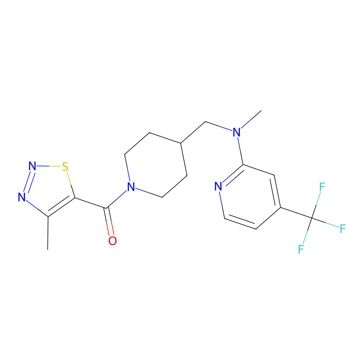 N-methyl-N-{[1-(4-methyl-1,2,3-thiadiazole-5-carbonyl)piperidin-4-yl]methyl}-4-(trifluoromethyl)pyridin-2-amine molecular structure, CAS 2415517-60-9
