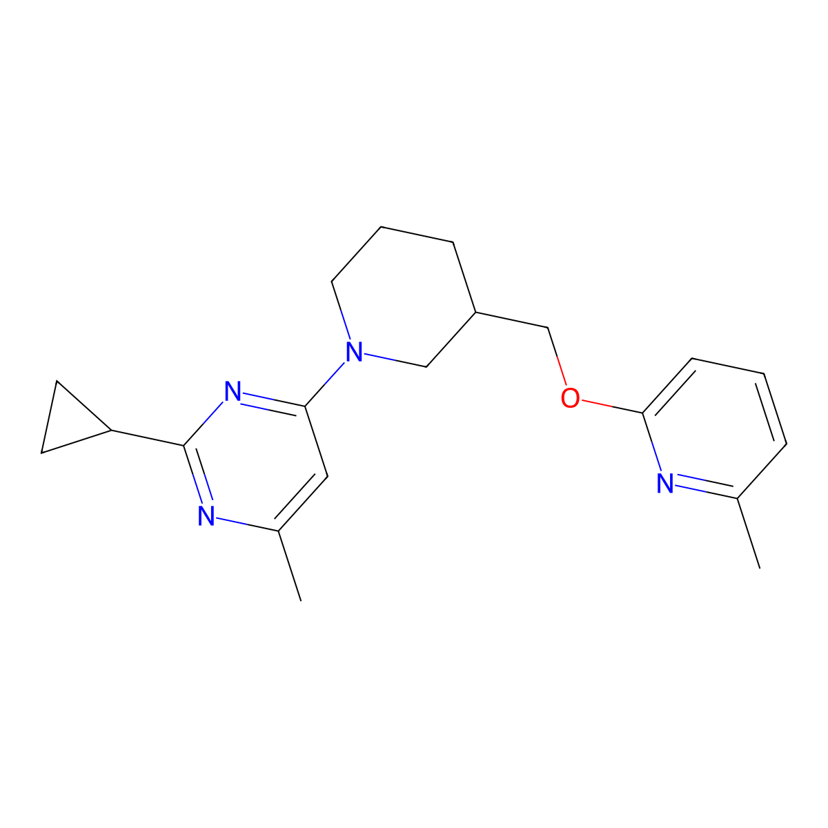2-Cyclopropyl-4-methyl-6-(3-{[(6-methylpyridin-2-yl)oxy]methyl}piperidin-1-yl)pyrimidine molecular structure, CAS 2415517-74-5