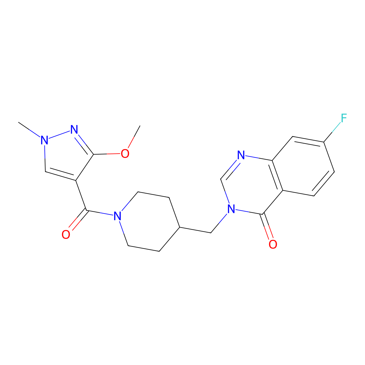 7-fluoro-3-{[1-(3-methoxy-1-methyl-1H-pyrazole-4-carbonyl)piperidin-4-yl]methyl}-3,4-dihydroquinazolin-4-one molecular structure, CAS 2415517-77-8