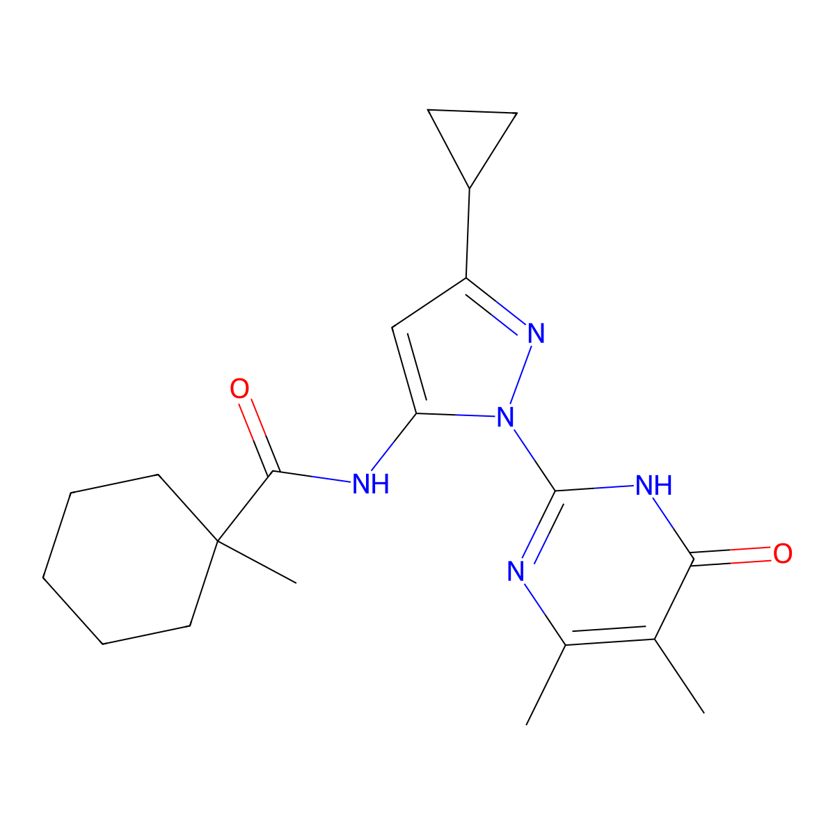 N-[3-cyclopropyl-1-(4,5-dimethyl-6-oxo-1,6-dihydropyrimidin-2-yl)-1H-pyrazol-5-yl]-1-methylcyclohexane-1-carboxamide molecular structure, CAS 2415517-81-4
