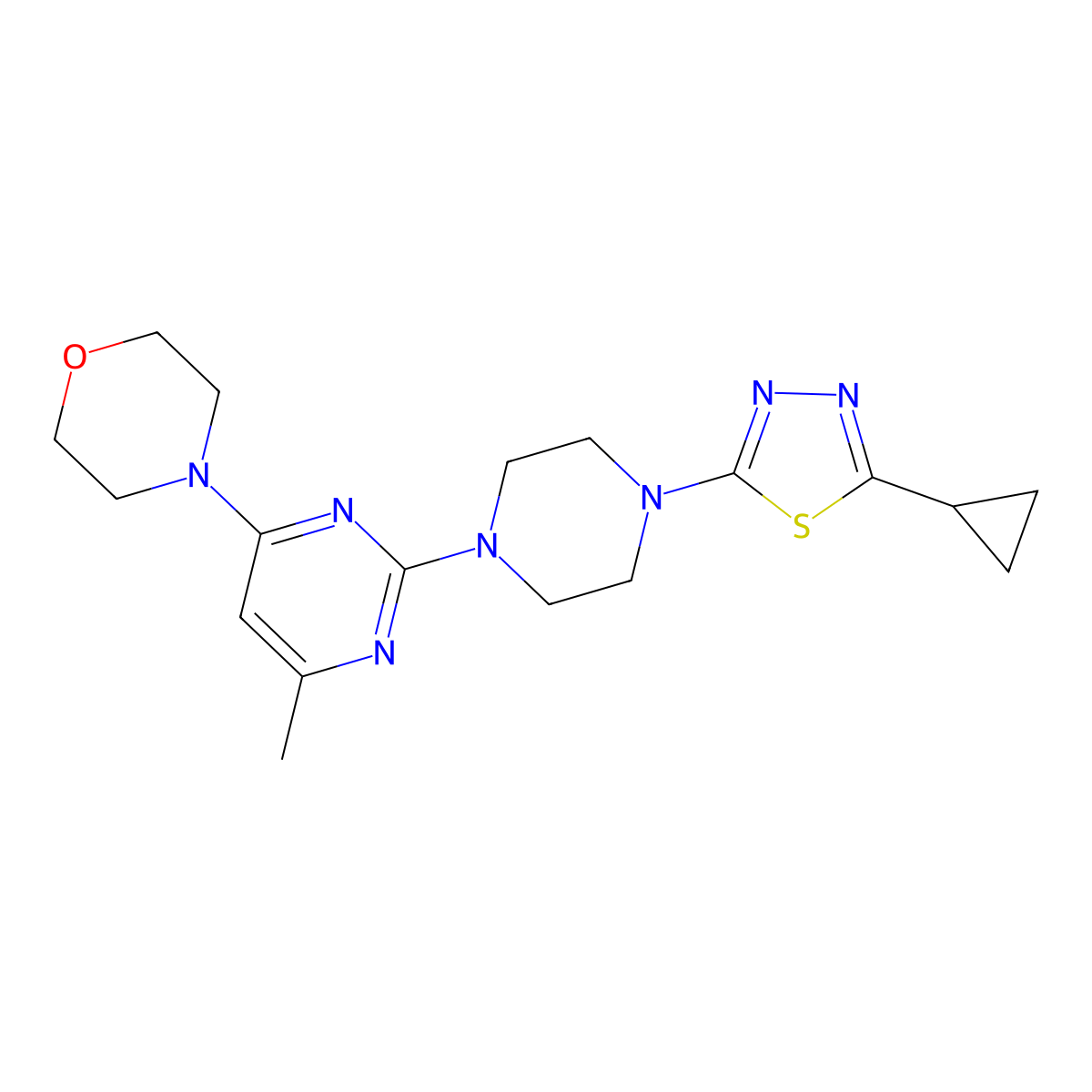 4-{2-[4-(5-Cyclopropyl-1,3,4-thiadiazol-2-yl)piperazin-1-yl]-6-methylpyrimidin-4-yl}morpholine molecular structure, CAS 2415517-85-8