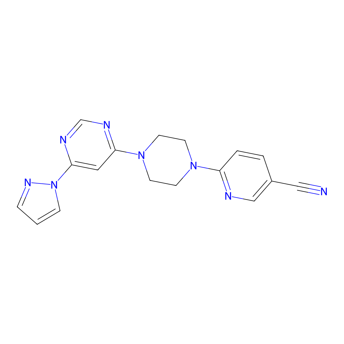 6-{4-[6-(1H-pyrazol-1-yl)pyrimidin-4-yl]piperazin-1-yl}pyridine-3-carbonitrile molecular structure, CAS 2415517-87-0