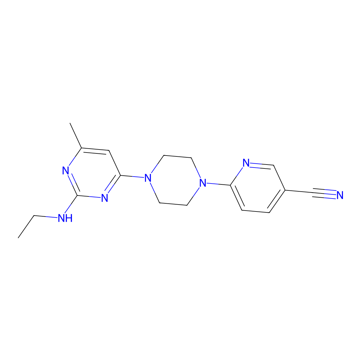 6-{4-[2-(Ethylamino)-6-methylpyrimidin-4-yl]piperazin-1-yl}pyridine-3-carbonitrile molecular structure, CAS 2415517-90-5