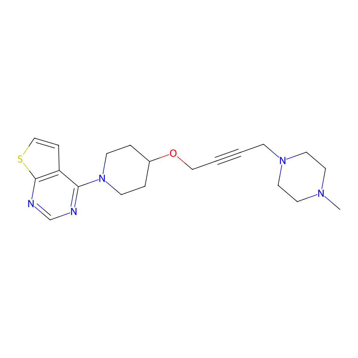 1-Methyl-4-{4-[(1-{thieno[2,3-d]pyrimidin-4-yl}piperidin-4-yl)oxy]but-2-yn-1-yl}piperazine molecular structure, CAS 2415517-93-8