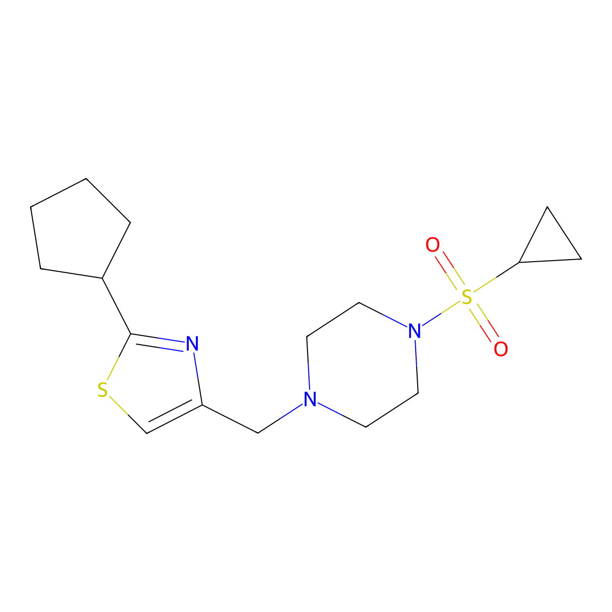 1-[(2-Cyclopentyl-1,3-thiazol-4-yl)methyl]-4-(cyclopropanesulfonyl)piperazine molecular structure, CAS 2415517-95-0