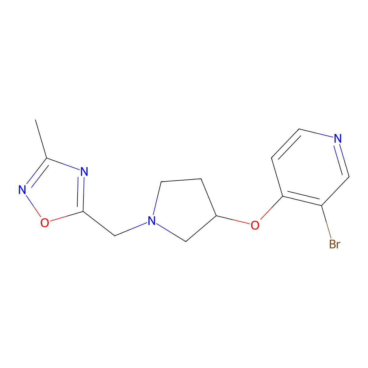3-Bromo-4-({1-[(3-methyl-1,2,4-oxadiazol-5-yl)methyl]pyrrolidin-3-yl}oxy)pyridine molecular structure, CAS 2415518-05-5