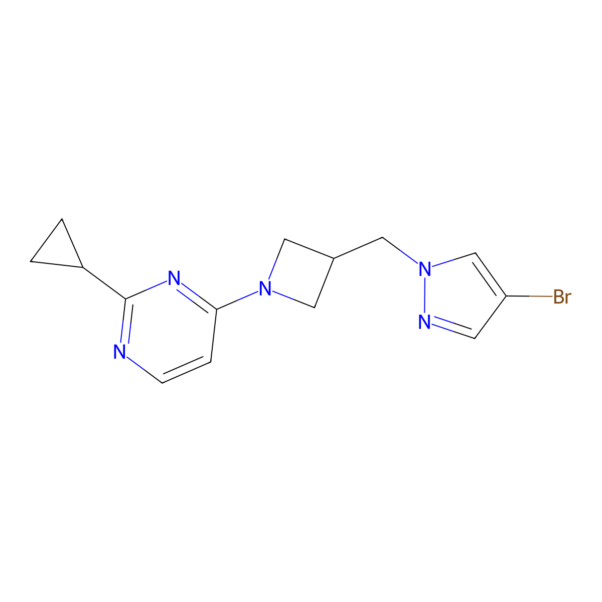4-{3-[(4-bromo-1H-pyrazol-1-yl)methyl]azetidin-1-yl}-2-cyclopropylpyrimidine molecular structure, CAS 2415518-19-1