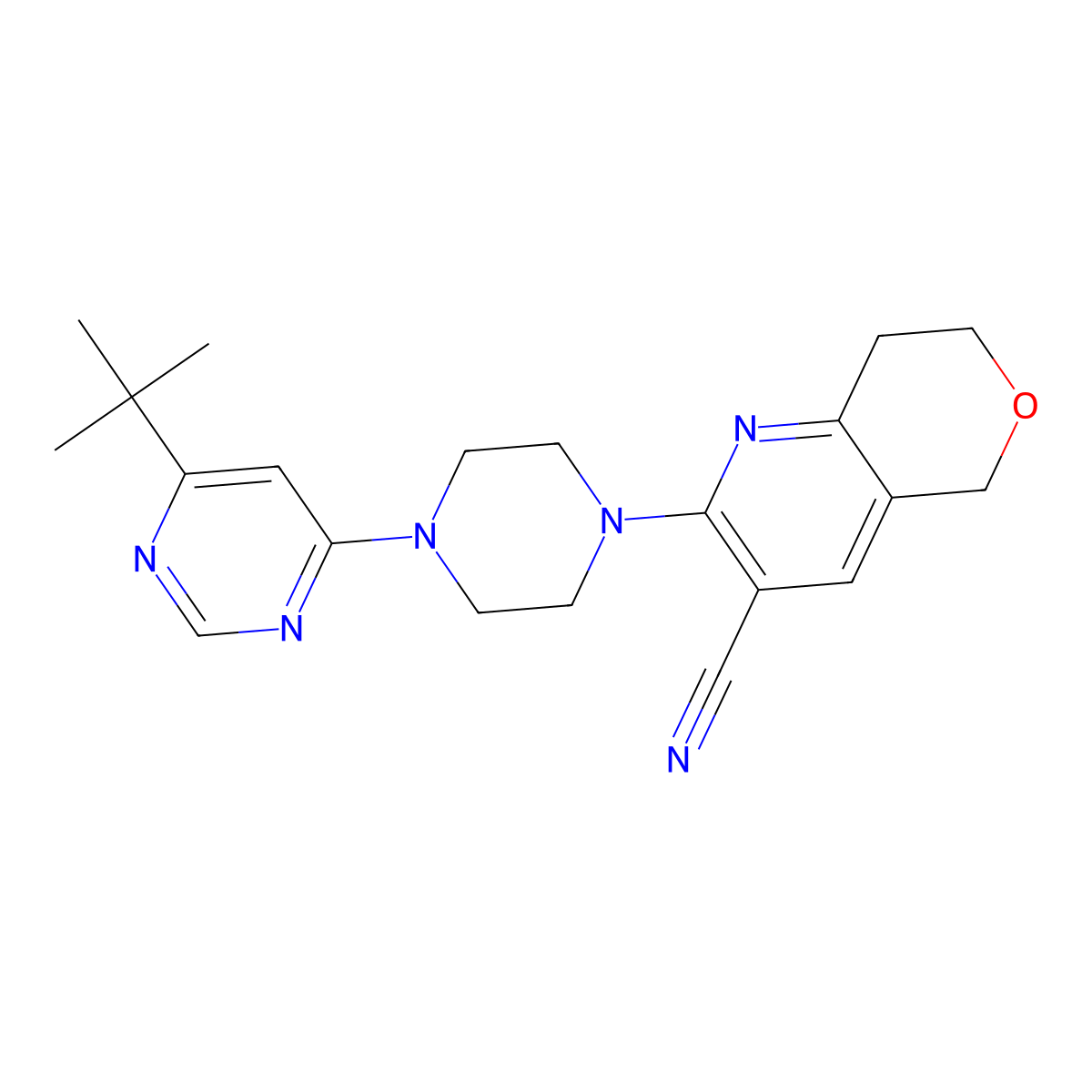 2-[4-(6-tert-butylpyrimidin-4-yl)piperazin-1-yl]-5H,7H,8H-pyrano[4,3-b]pyridine-3-carbonitrile molecular structure, CAS 2415518-20-4