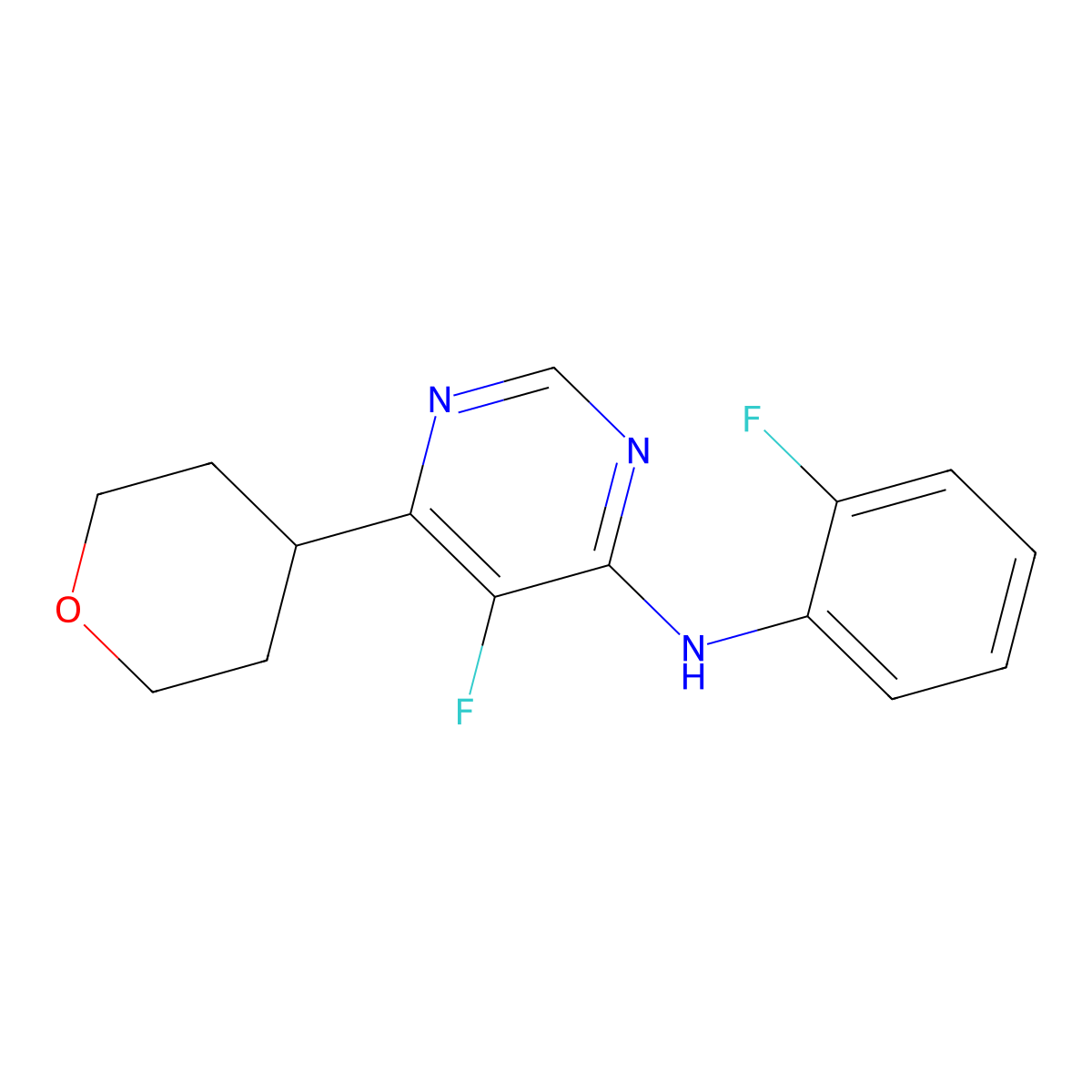 5-fluoro-N-(2-fluorophenyl)-6-(oxan-4-yl)pyrimidin-4-amine molecular structure, CAS 2415518-30-6