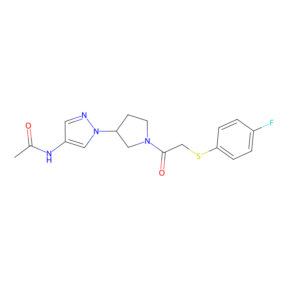 N-[1-(1-{2-[(4-fluorophenyl)sulfanyl]acetyl}pyrrolidin-3-yl)-1H-pyrazol-4-yl]acetamide molecular structure, CAS 2415518-32-8