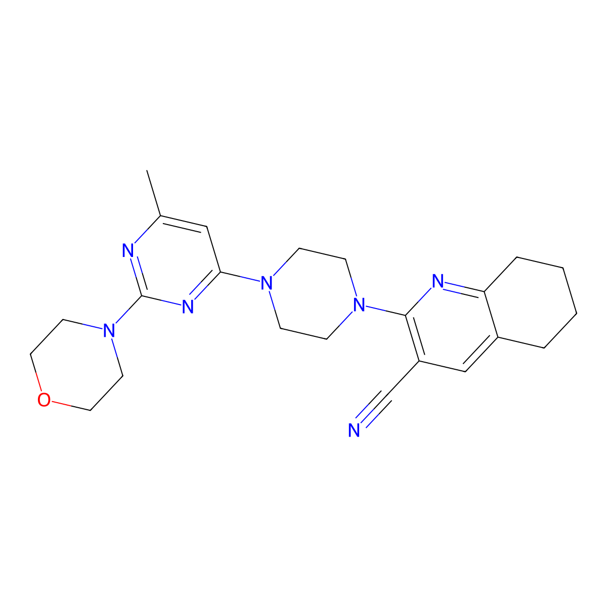 2-{4-[6-Methyl-2-(morpholin-4-yl)pyrimidin-4-yl]piperazin-1-yl}-5,6,7,8-tetrahydroquinoline-3-carbonitrile molecular structure, CAS 2415518-34-0