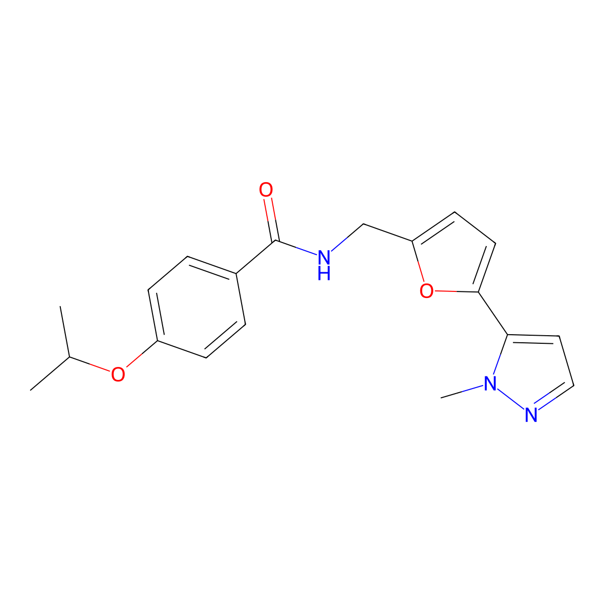 N-{[5-(1-methyl-1H-pyrazol-5-yl)furan-2-yl]methyl}-4-(propan-2-yloxy)benzamide molecular structure, CAS 2415518-35-1
