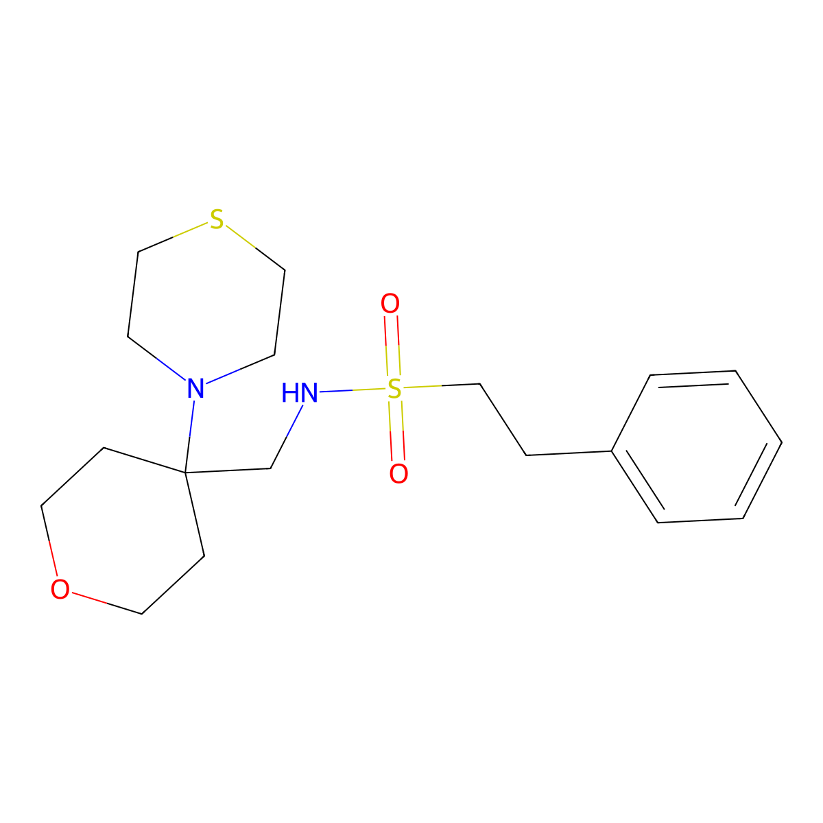 2-phenyl-N-{[4-(thiomorpholin-4-yl)oxan-4-yl]methyl}ethane-1-sulfonamide molecular structure, CAS 2415518-38-4