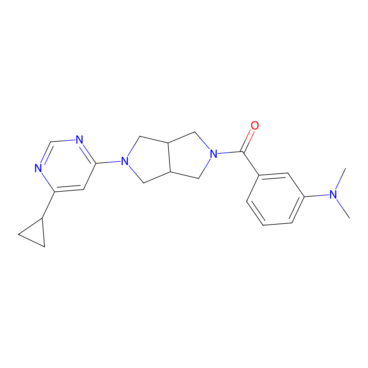 3-[5-(6-cyclopropylpyrimidin-4-yl)-octahydropyrrolo[3,4-c]pyrrole-2-carbonyl]-N,N-dimethylaniline molecular structure, CAS 2415518-40-8