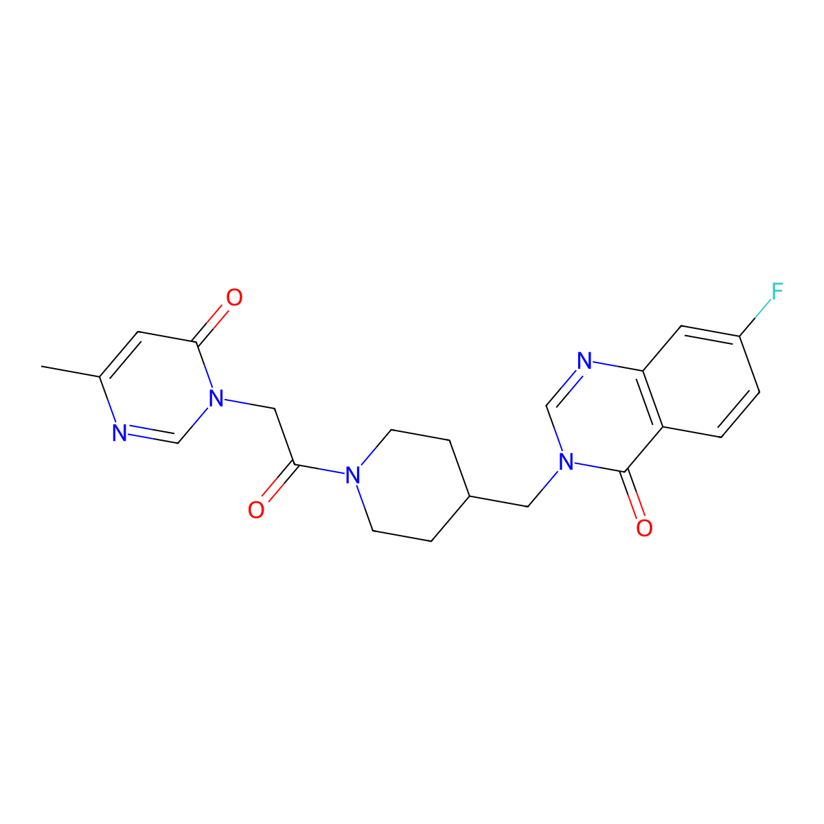 7-Fluoro-3-({1-[2-(4-methyl-6-oxo-1,6-dihydropyrimidin-1-yl)acetyl]piperidin-4-yl}methyl)-3,4-dihydroquinazolin-4-one molecular structure, CAS 2415518-41-9