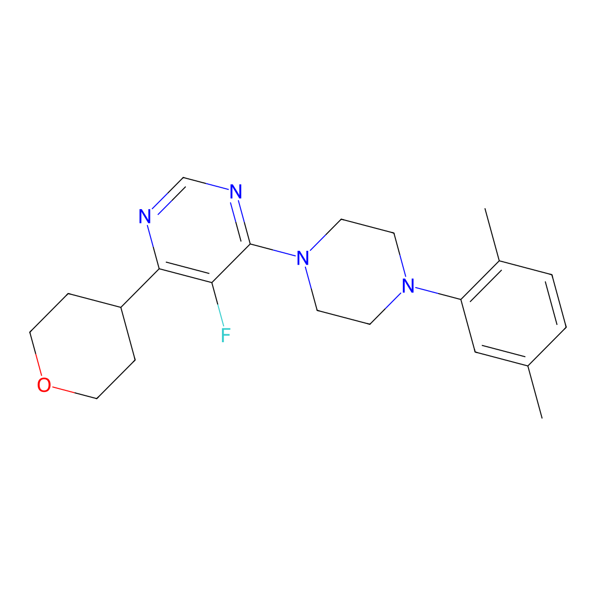4-[4-(2,5-Dimethylphenyl)piperazin-1-yl]-5-fluoro-6-(oxan-4-yl)pyrimidine molecular structure, CAS 2415518-42-0