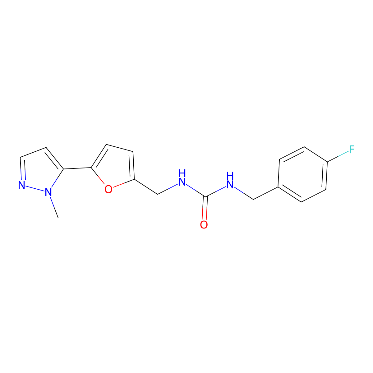 1-[(4-fluorophenyl)methyl]-3-{[5-(1-methyl-1H-pyrazol-5-yl)furan-2-yl]methyl}urea molecular structure, CAS 2415518-48-6