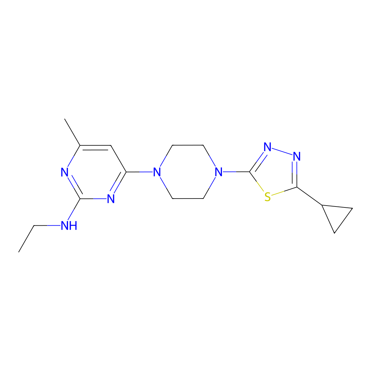 4-[4-(5-Cyclopropyl-1,3,4-thiadiazol-2-yl)piperazin-1-yl]-N-ethyl-6-methylpyrimidin-2-amine molecular structure, CAS 2415518-52-2