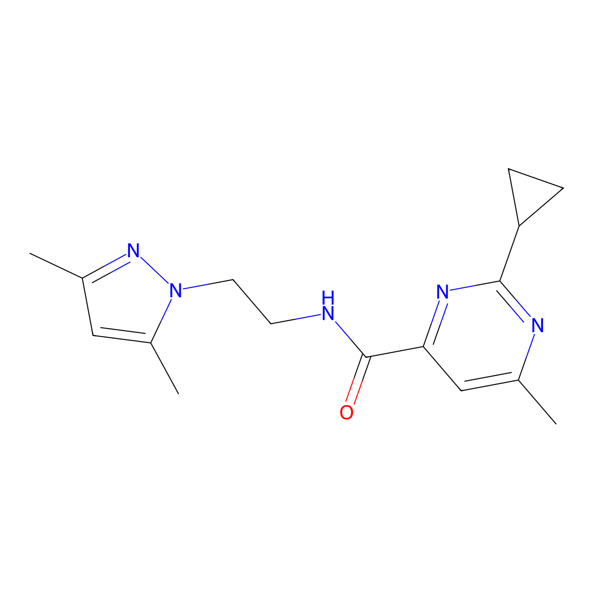 2-cyclopropyl-N-[2-(3,5-dimethyl-1H-pyrazol-1-yl)ethyl]-6-methylpyrimidine-4-carboxamide molecular structure, CAS 2415518-54-4