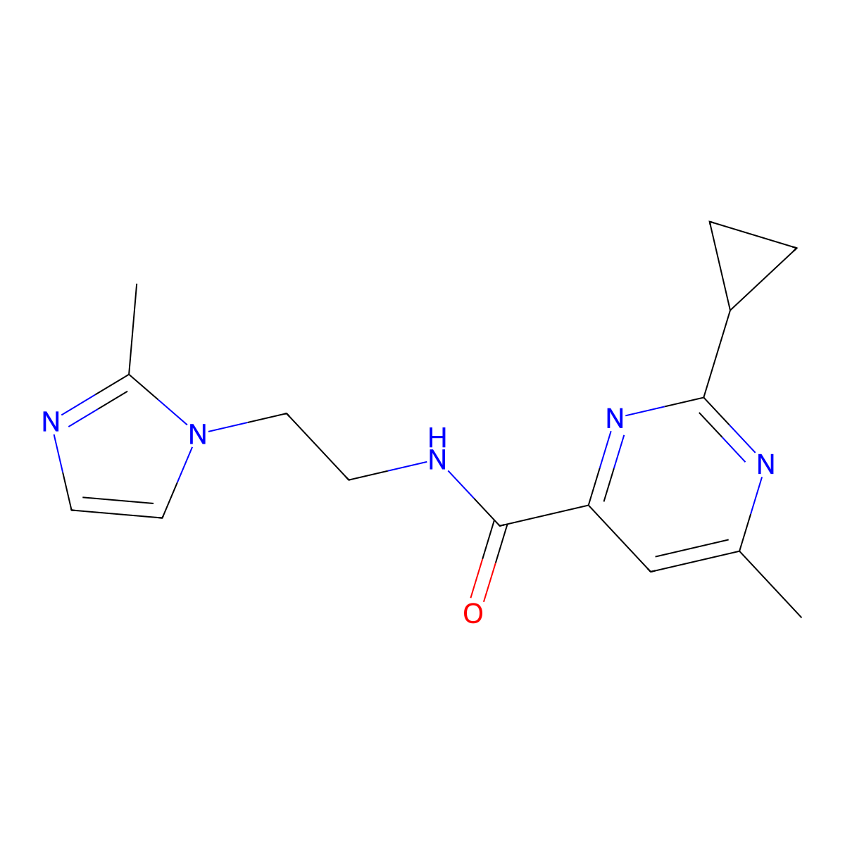 2-cyclopropyl-6-methyl-N-[2-(2-methyl-1H-imidazol-1-yl)ethyl]pyrimidine-4-carboxamide molecular structure, CAS 2415518-56-6