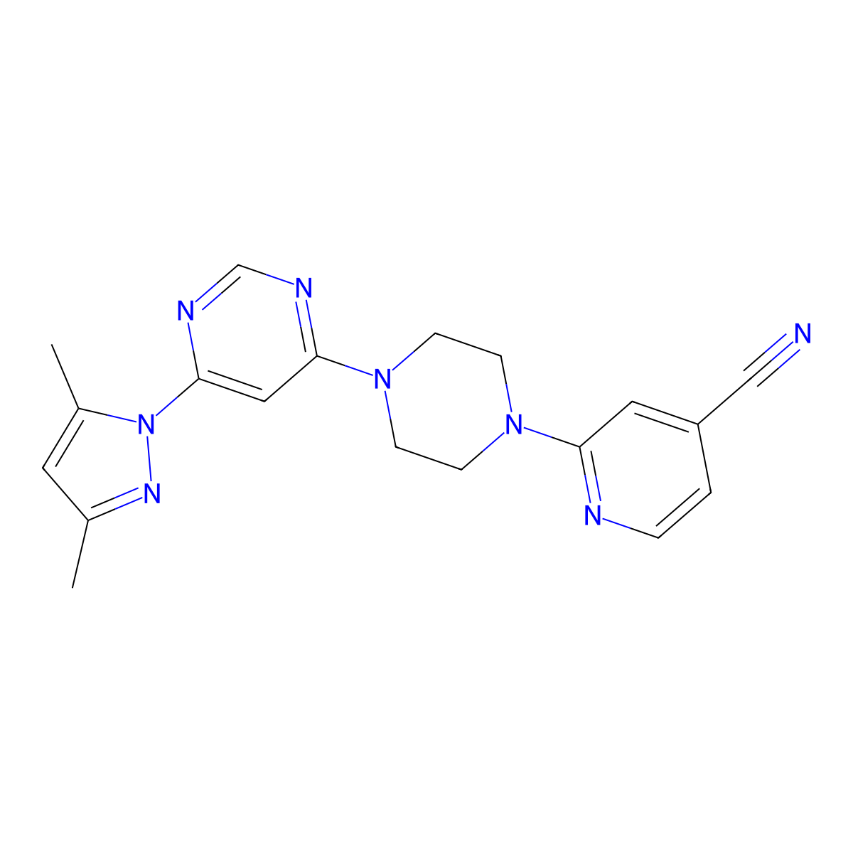2-{4-[6-(3,5-dimethyl-1H-pyrazol-1-yl)pyrimidin-4-yl]piperazin-1-yl}pyridine-4-carbonitrile molecular structure, CAS 2415518-61-3