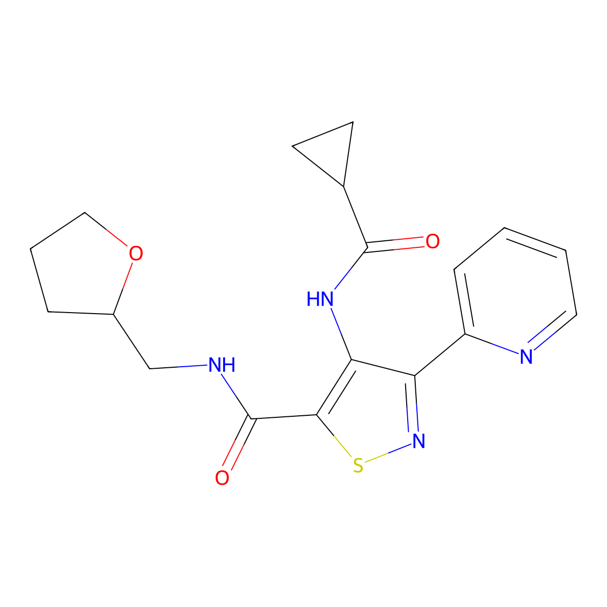 4-cyclopropaneamido-N-[(oxolan-2-yl)methyl]-3-(pyridin-2-yl)-1,2-thiazole-5-carboxamide molecular structure, CAS 2415518-69-1