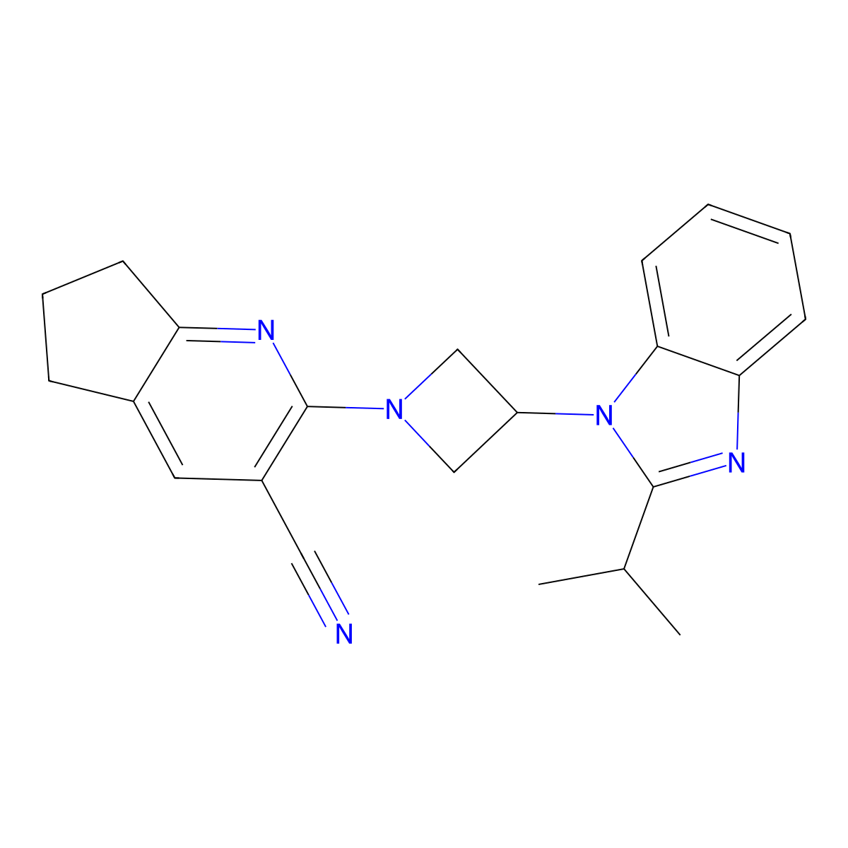 2-{3-[2-(propan-2-yl)-1H-1,3-benzodiazol-1-yl]azetidin-1-yl}-5H,6H,7H-cyclopenta[b]pyridine-3-carbonitrile molecular structure, CAS 2415518-70-4