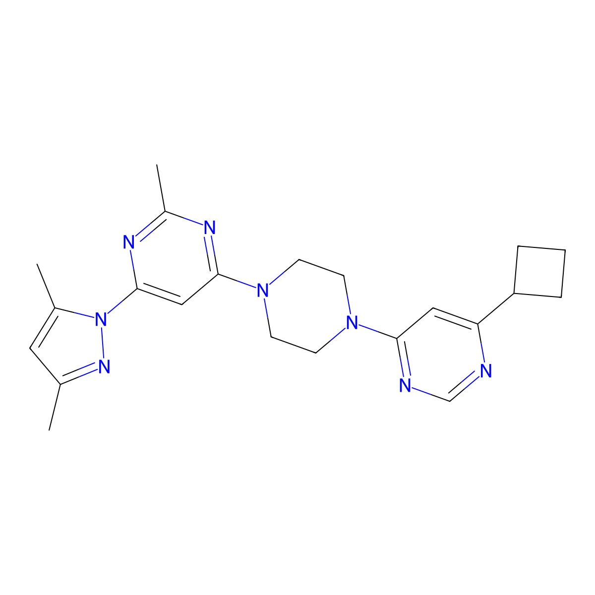 4-[4-(6-cyclobutylpyrimidin-4-yl)piperazin-1-yl]-6-(3,5-dimethyl-1H-pyrazol-1-yl)-2-methylpyrimidine molecular structure, CAS 2415518-72-6
