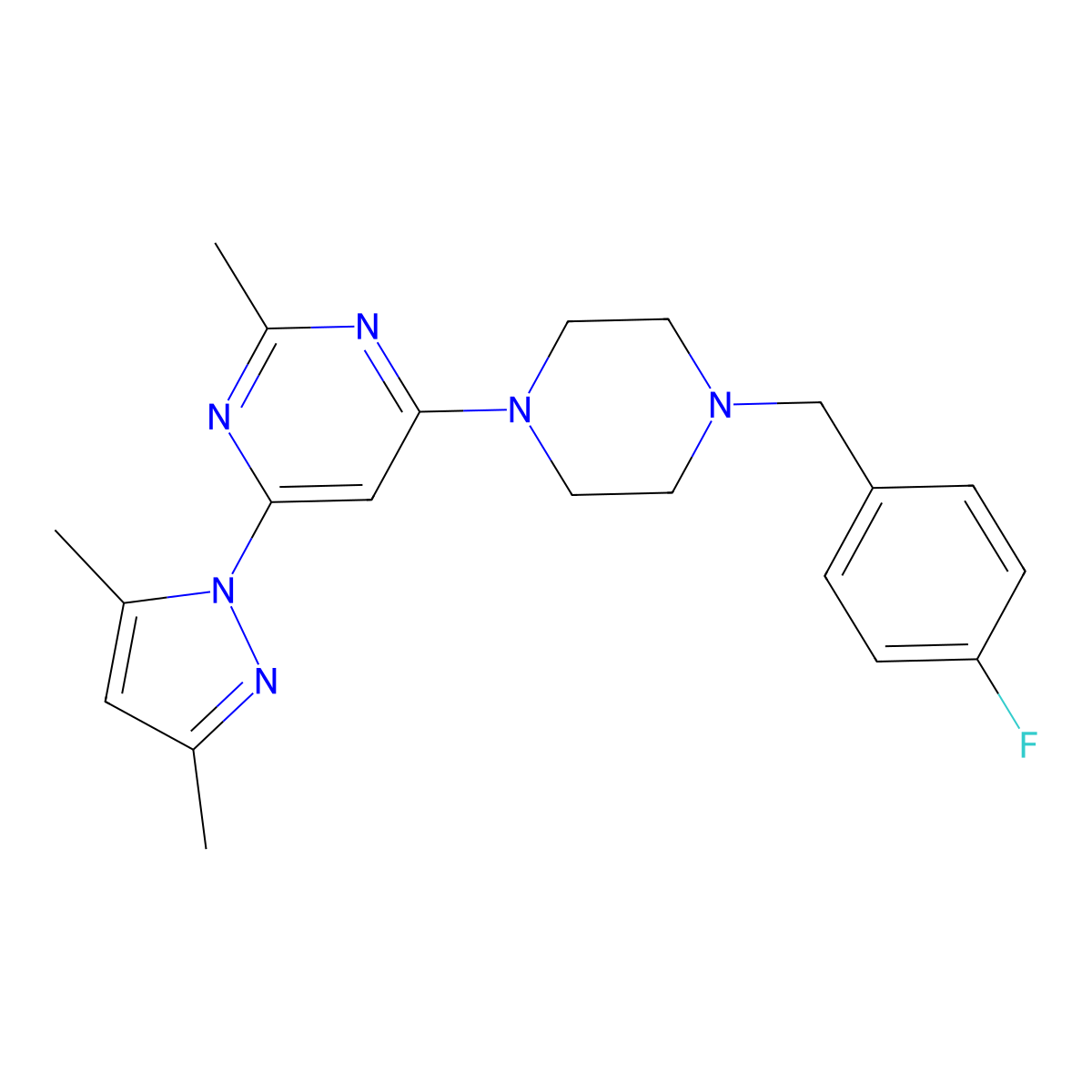 4-(3,5-dimethyl-1H-pyrazol-1-yl)-6-{4-[(4-fluorophenyl)methyl]piperazin-1-yl}-2-methylpyrimidine molecular structure, CAS 2415518-83-9