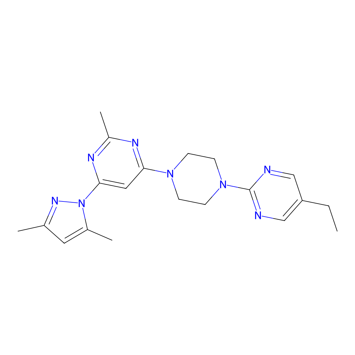 4-(3,5-dimethyl-1H-pyrazol-1-yl)-6-[4-(5-ethylpyrimidin-2-yl)piperazin-1-yl]-2-methylpyrimidine molecular structure, CAS 2415518-91-9