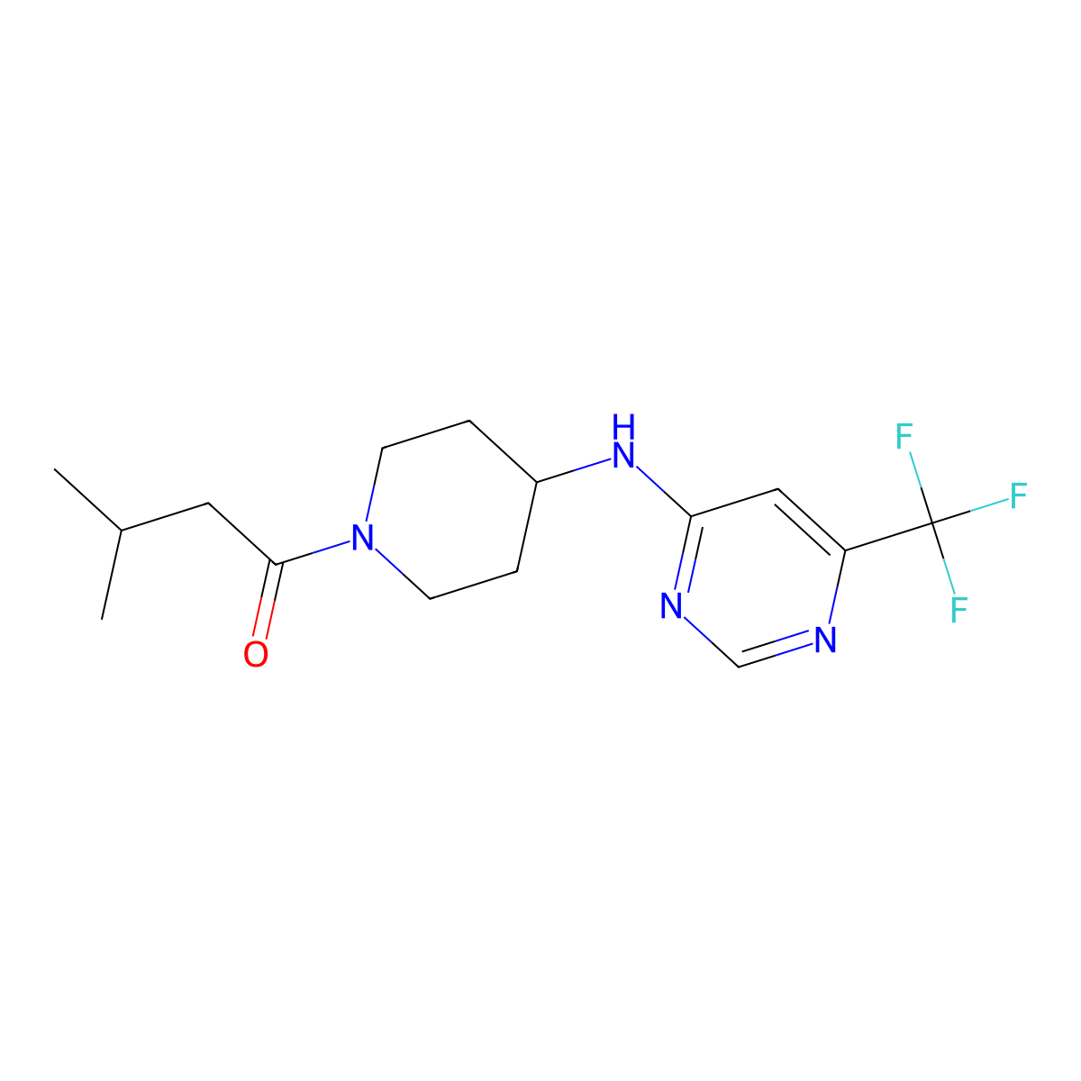 3-Methyl-1-(4-{[6-(trifluoromethyl)pyrimidin-4-yl]amino}piperidin-1-yl)butan-1-one molecular structure, CAS 2415518-98-6