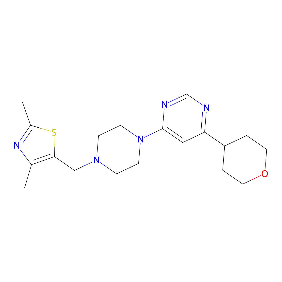 4-{4-[(2,4-Dimethyl-1,3-thiazol-5-yl)methyl]piperazin-1-yl}-6-(oxan-4-yl)pyrimidine molecular structure, CAS 2415519-03-6