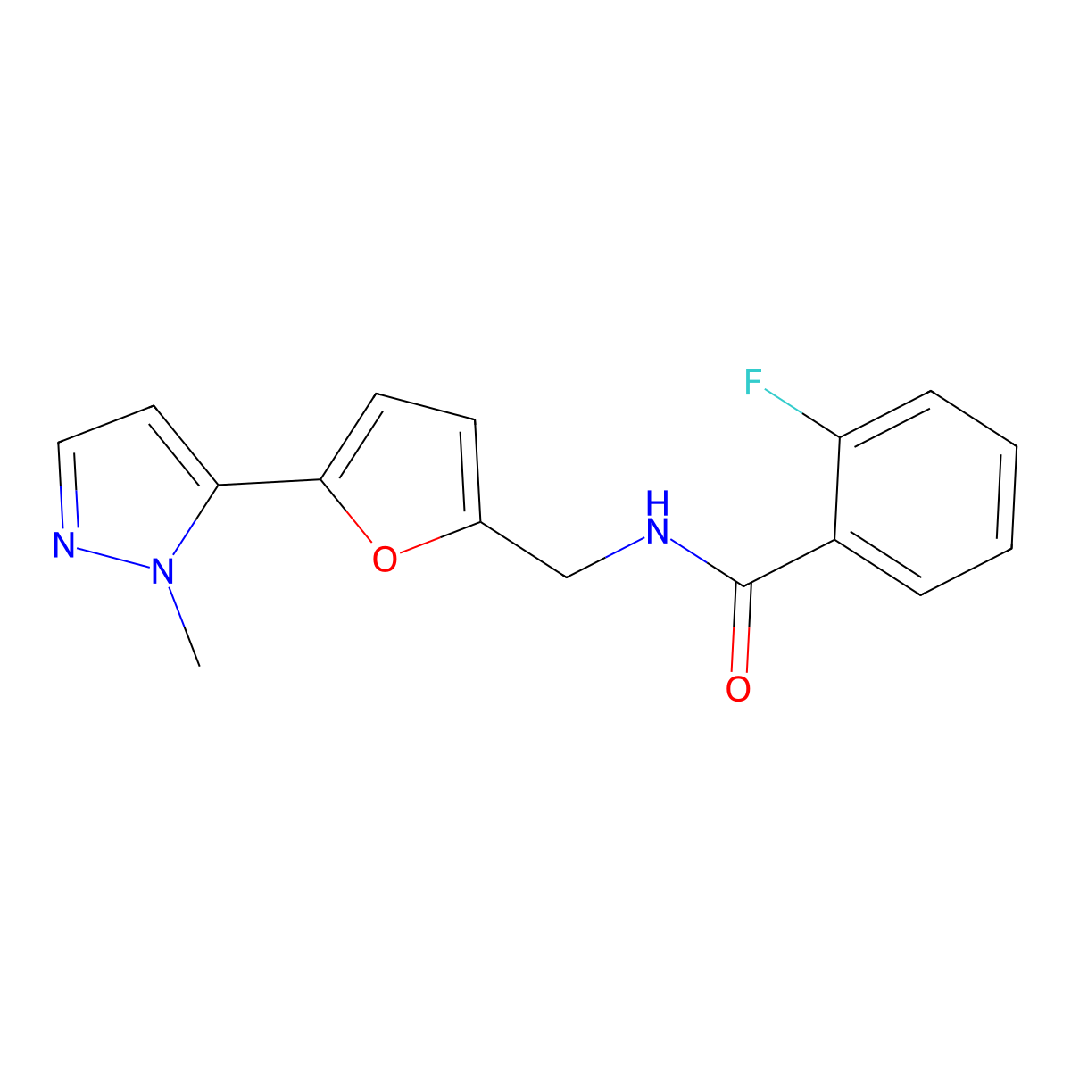 2-fluoro-N-{[5-(1-methyl-1H-pyrazol-5-yl)furan-2-yl]methyl}benzamide molecular structure, CAS 2415519-16-1