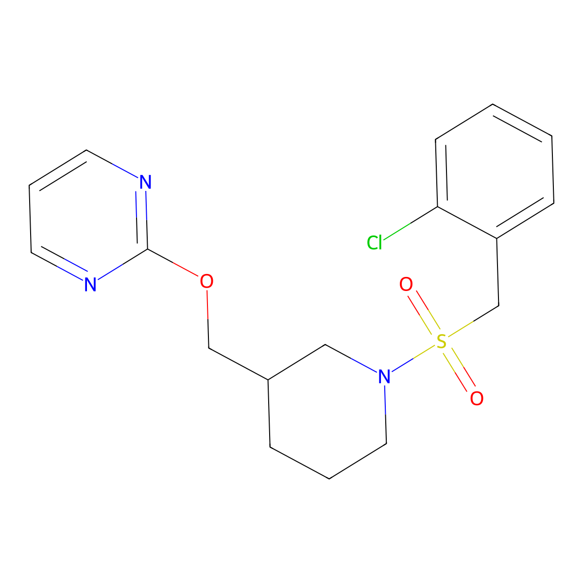 2-({1-[(2-Chlorophenyl)methanesulfonyl]piperidin-3-yl}methoxy)pyrimidine molecular structure, CAS 2415519-17-2