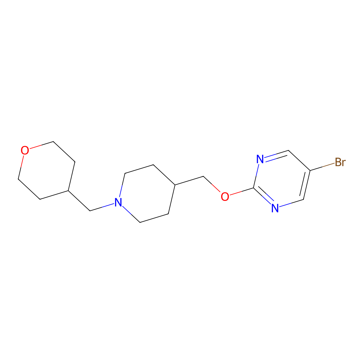 5-Bromo-2-({1-[(oxan-4-yl)methyl]piperidin-4-yl}methoxy)pyrimidine molecular structure, CAS 2415519-19-4