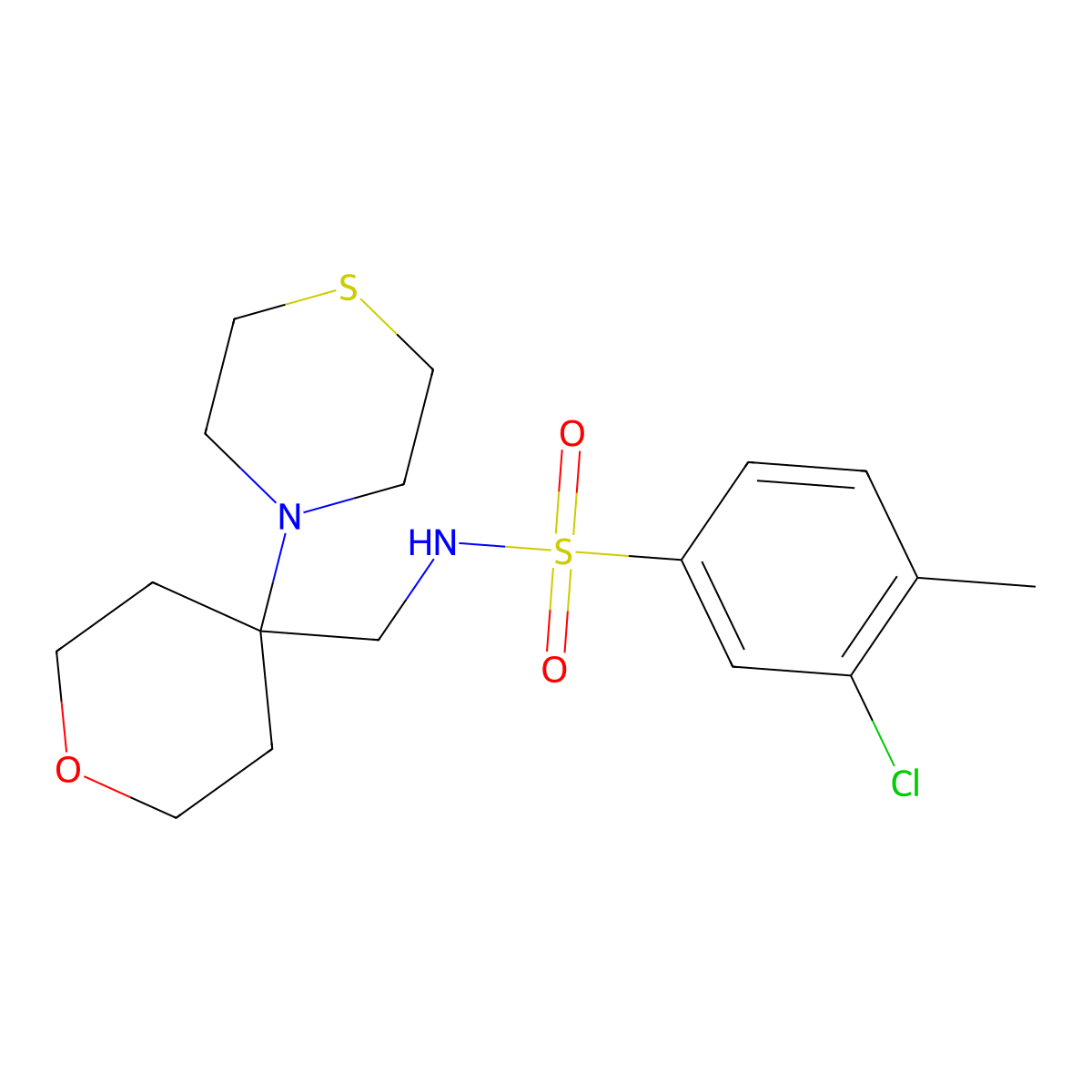 3-chloro-4-methyl-N-{[4-(thiomorpholin-4-yl)oxan-4-yl]methyl}benzene-1-sulfonamide molecular structure, CAS 2415519-28-5