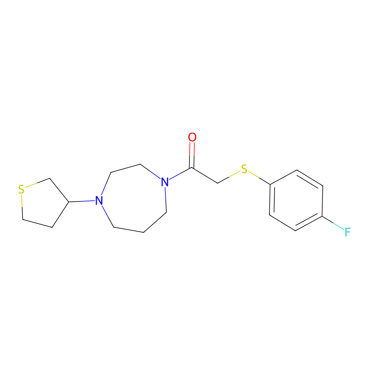 2-[(4-Fluorophenyl)sulfanyl]-1-[4-(thiolan-3-yl)-1,4-diazepan-1-yl]ethan-1-one molecular structure, CAS 2415519-30-9