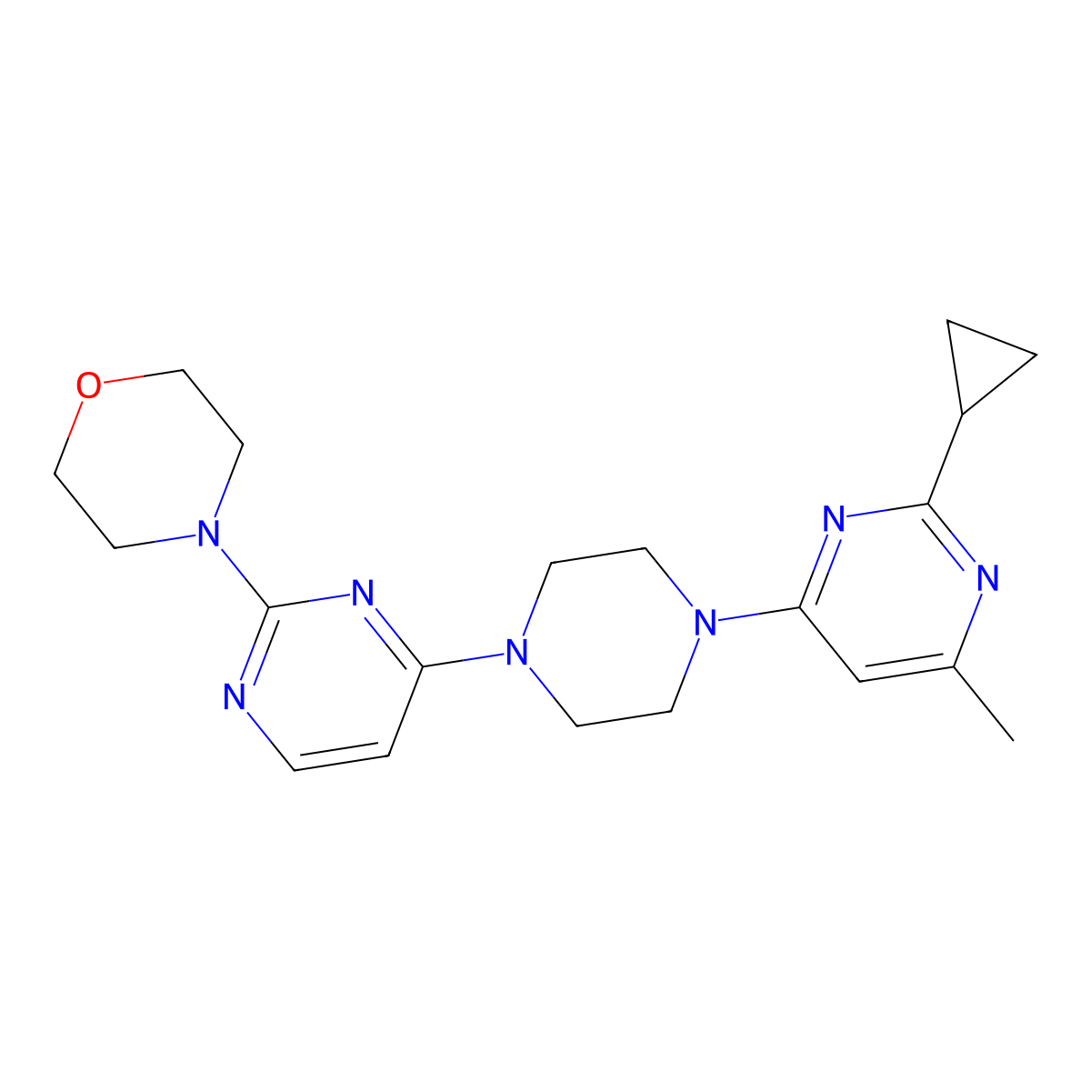 4-{4-[4-(2-Cyclopropyl-6-methylpyrimidin-4-yl)piperazin-1-yl]pyrimidin-2-yl}morpholine molecular structure, CAS 2415519-40-1