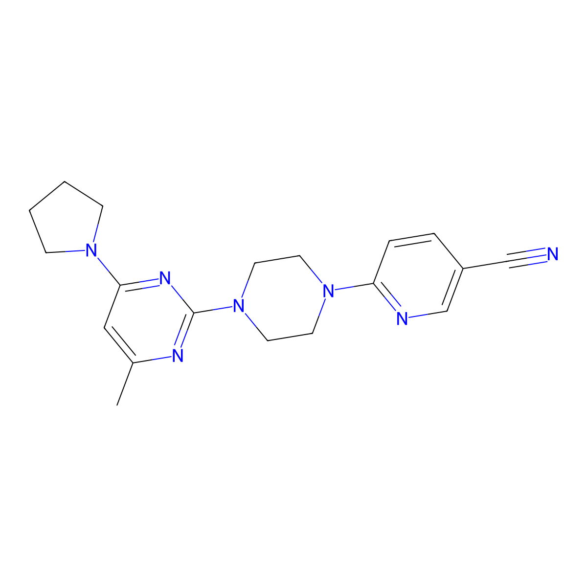 6-{4-[4-Methyl-6-(pyrrolidin-1-yl)pyrimidin-2-yl]piperazin-1-yl}pyridine-3-carbonitrile molecular structure, CAS 2415519-52-5