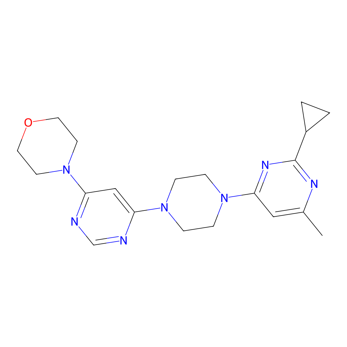 4-{6-[4-(2-Cyclopropyl-6-methylpyrimidin-4-yl)piperazin-1-yl]pyrimidin-4-yl}morpholine molecular structure, CAS 2415519-54-7