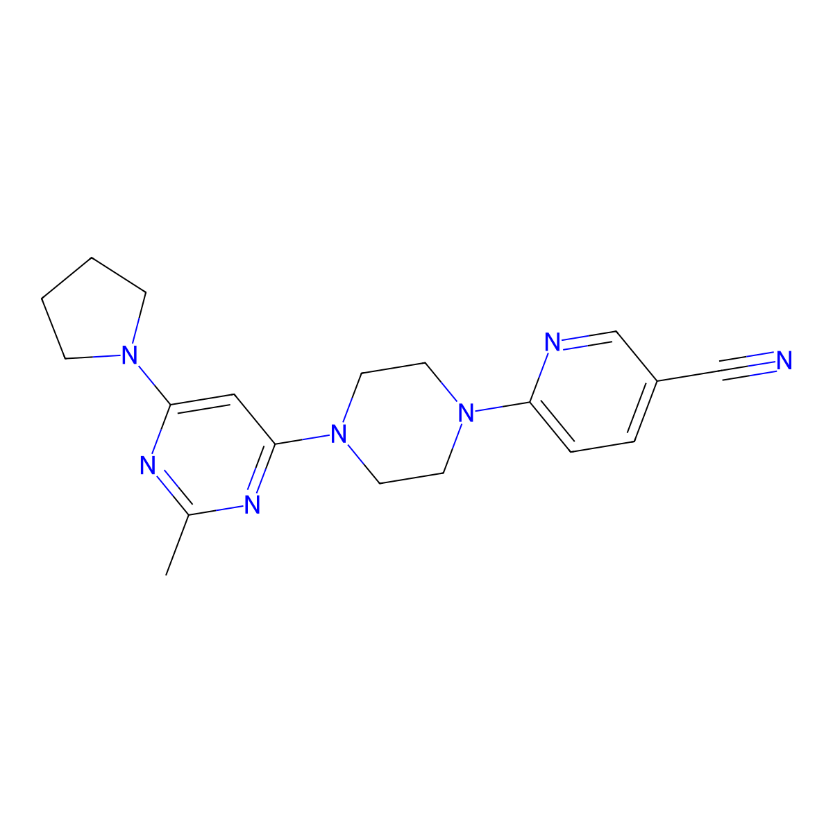 6-{4-[2-Methyl-6-(pyrrolidin-1-yl)pyrimidin-4-yl]piperazin-1-yl}pyridine-3-carbonitrile molecular structure, CAS 2415519-56-9