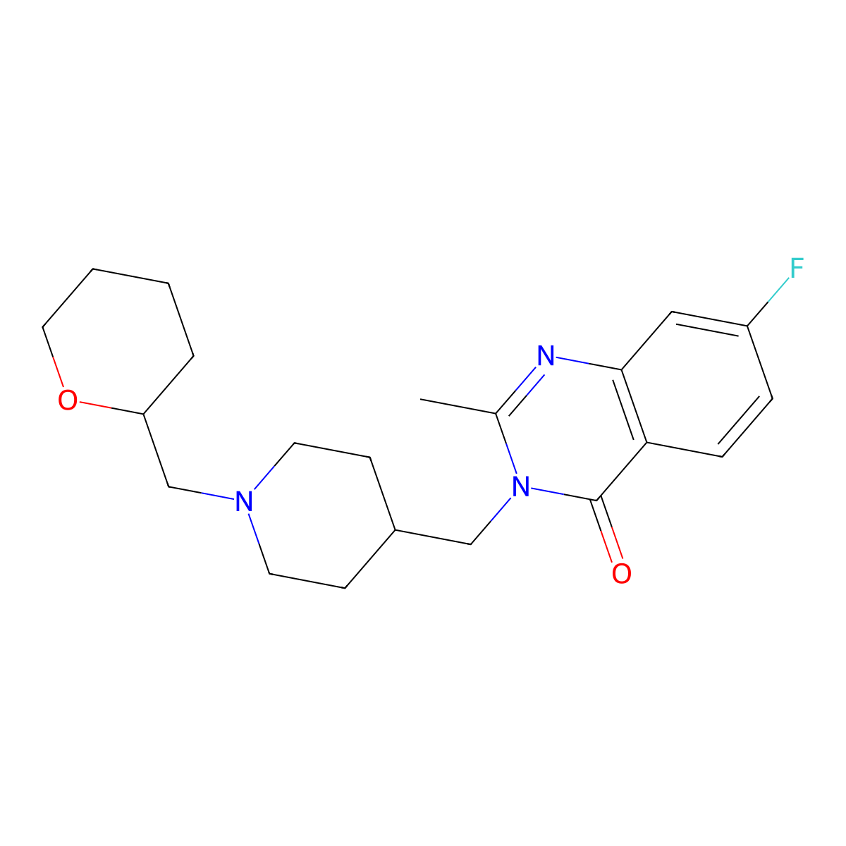 7-Fluoro-2-methyl-3-({1-[(oxan-2-yl)methyl]piperidin-4-yl}methyl)-3,4-dihydroquinazolin-4-one molecular structure, CAS 2415519-58-1